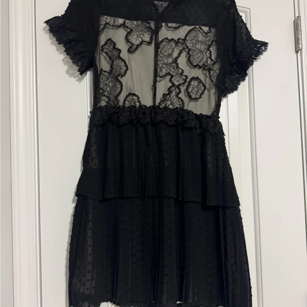 Anthropologie Foxiedox Mini Dress Maisie Black Tiered Goth Lace Crochet  Small